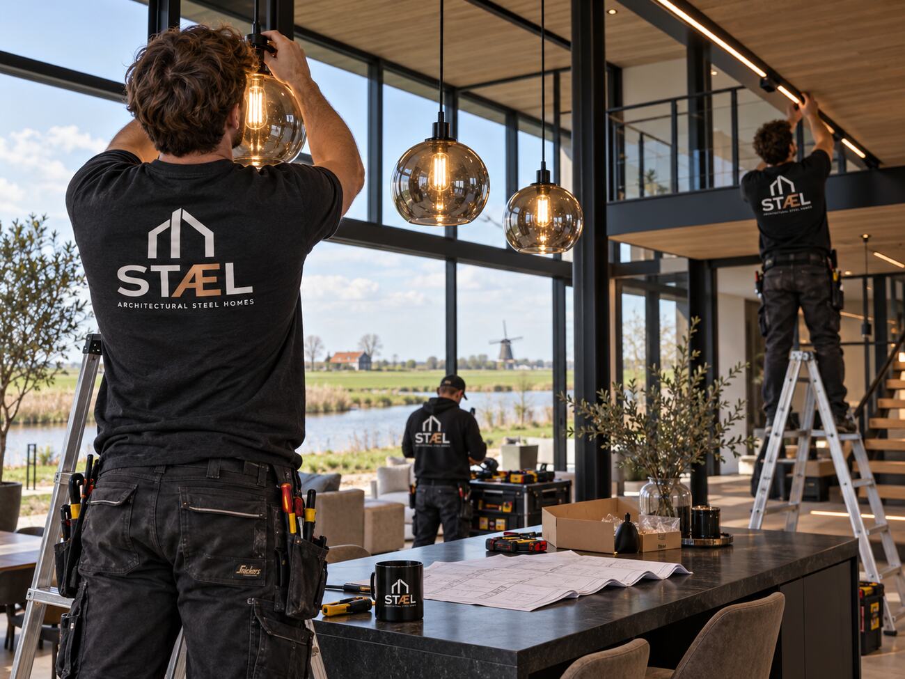 Afmontage van hanglampen in de loftwoning met polderzicht
