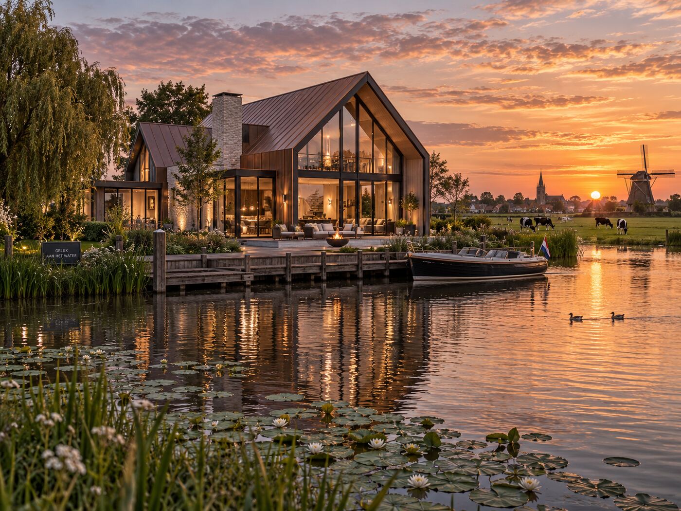 Moderne schuurwoning aan het water met molen in de polder