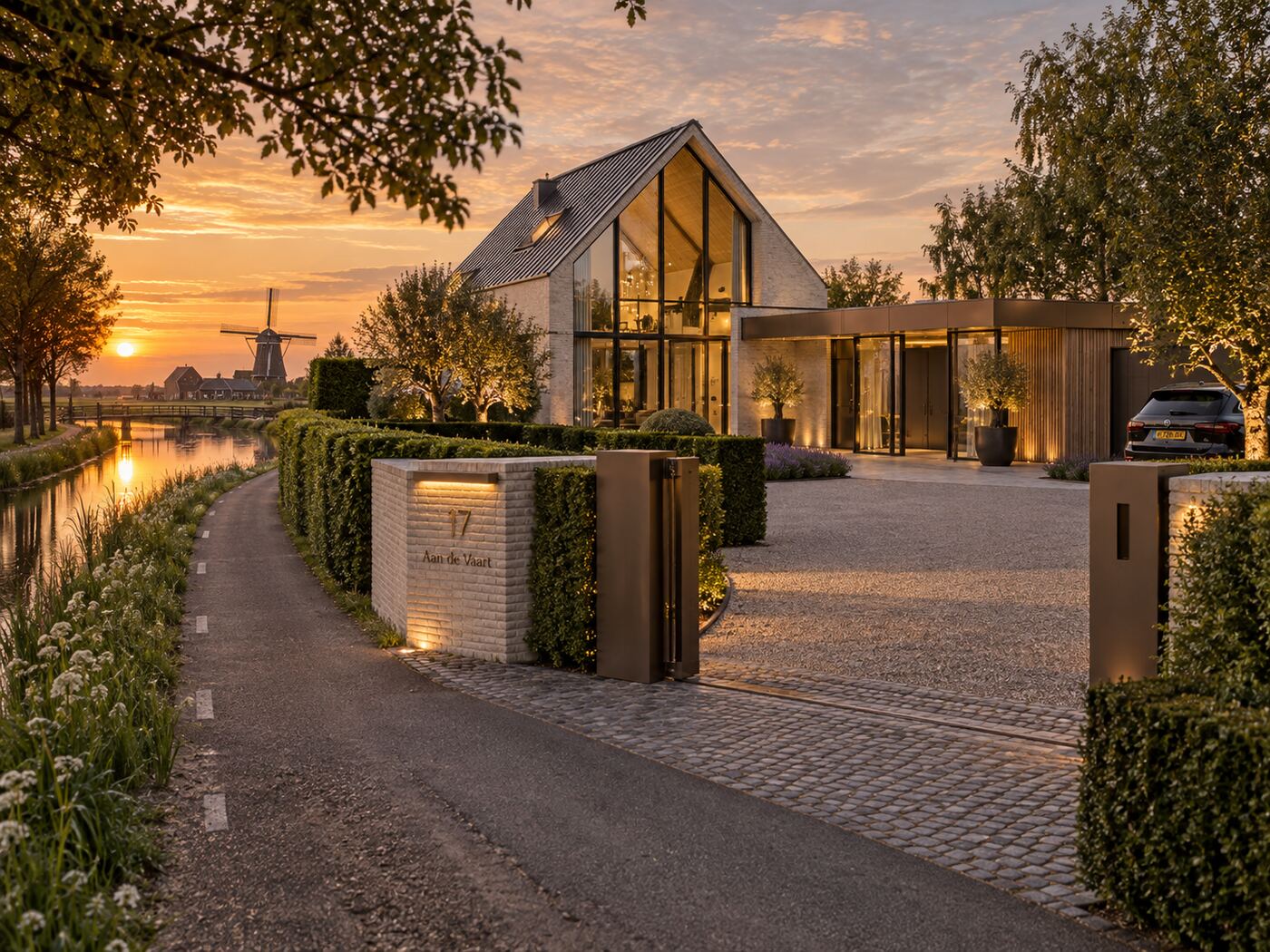 Villa met glazen topgevel aan een vaart