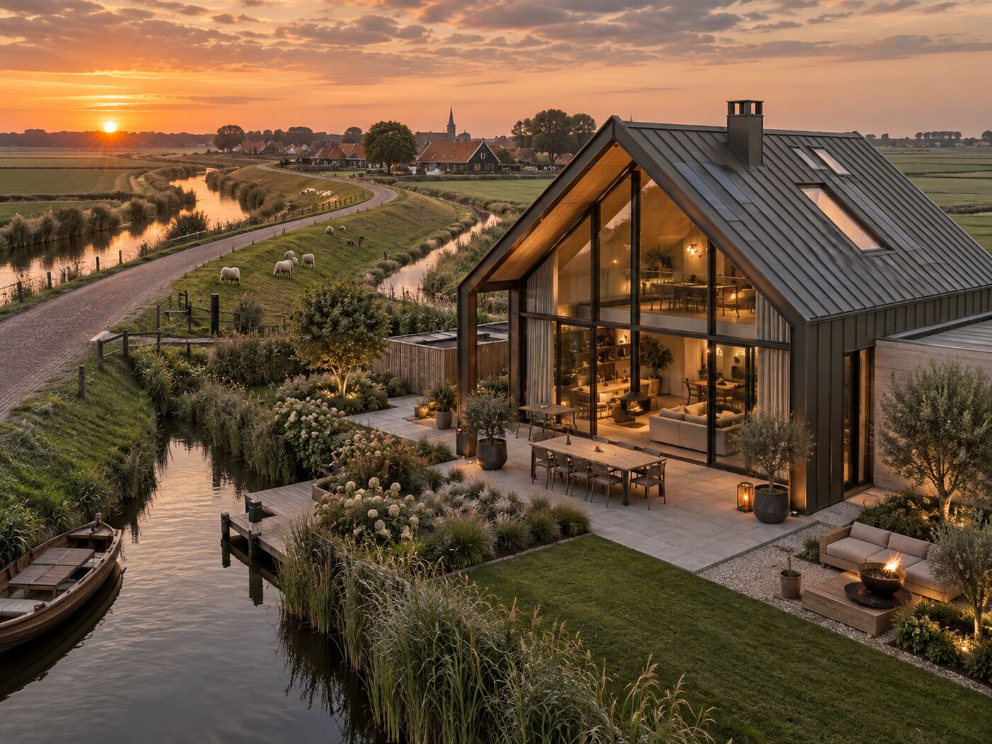 Schuurwoning aan de dijk met weiland en dorpsgezicht