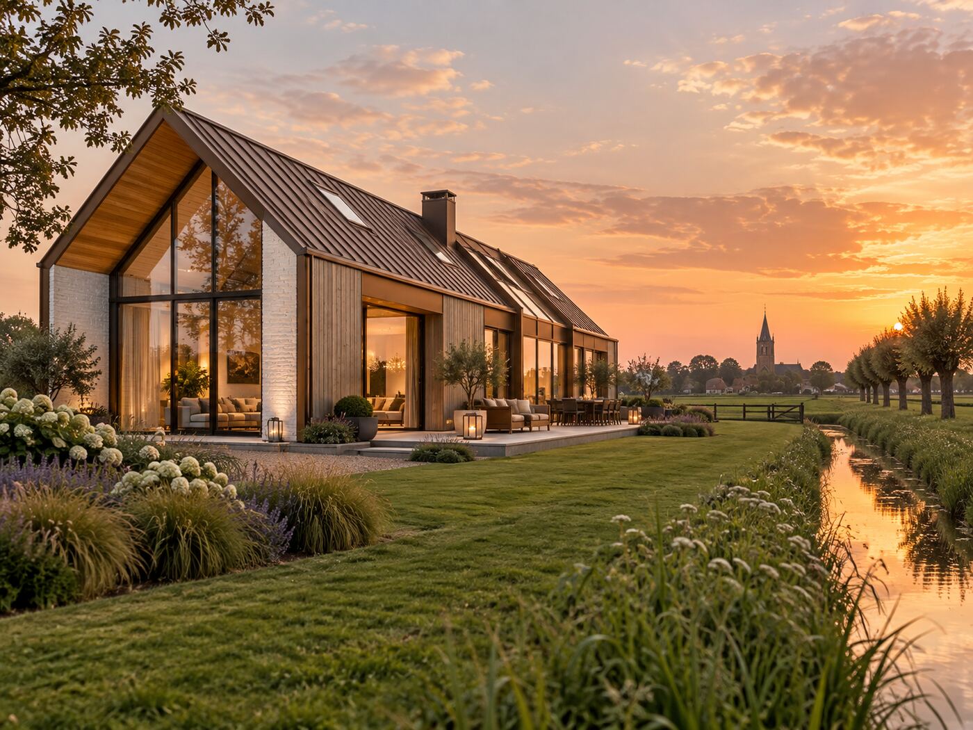 Dezelfde woning gerealiseerd, in het avondlicht